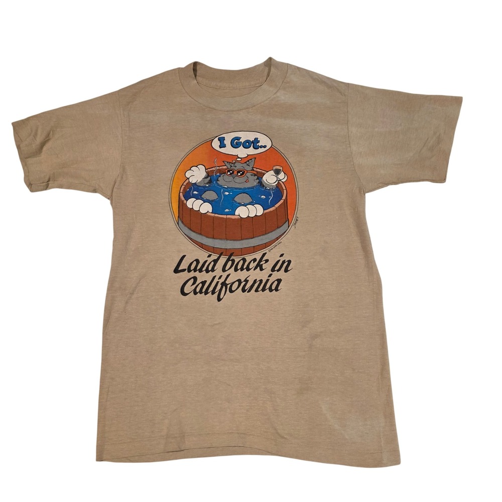 Vintage 80s Laid Back Hot Tub Cat T Shirt Mens S Tan Single Stitch Super Shirts
